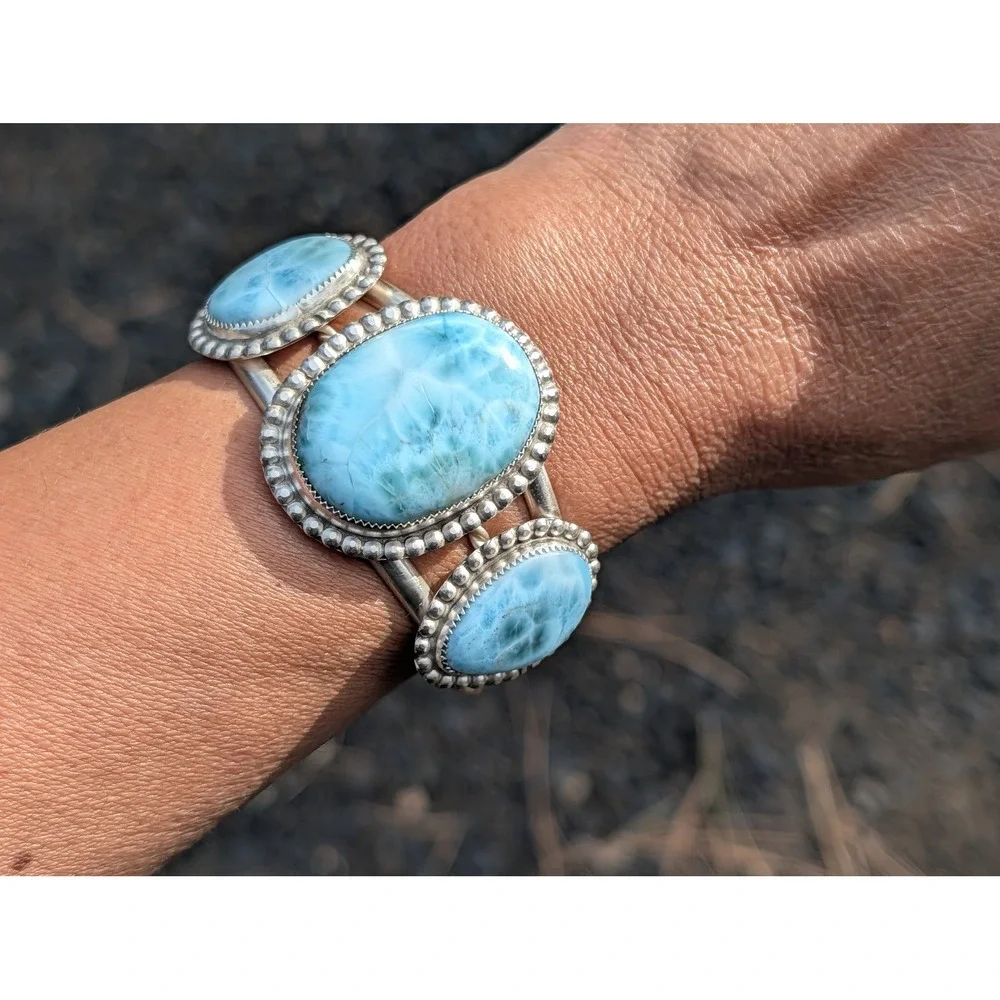 Handmade Larimar Statement Cuff Bracelet in Sterling Silver Unique Jewelry Gift* - Picture 10 of 10